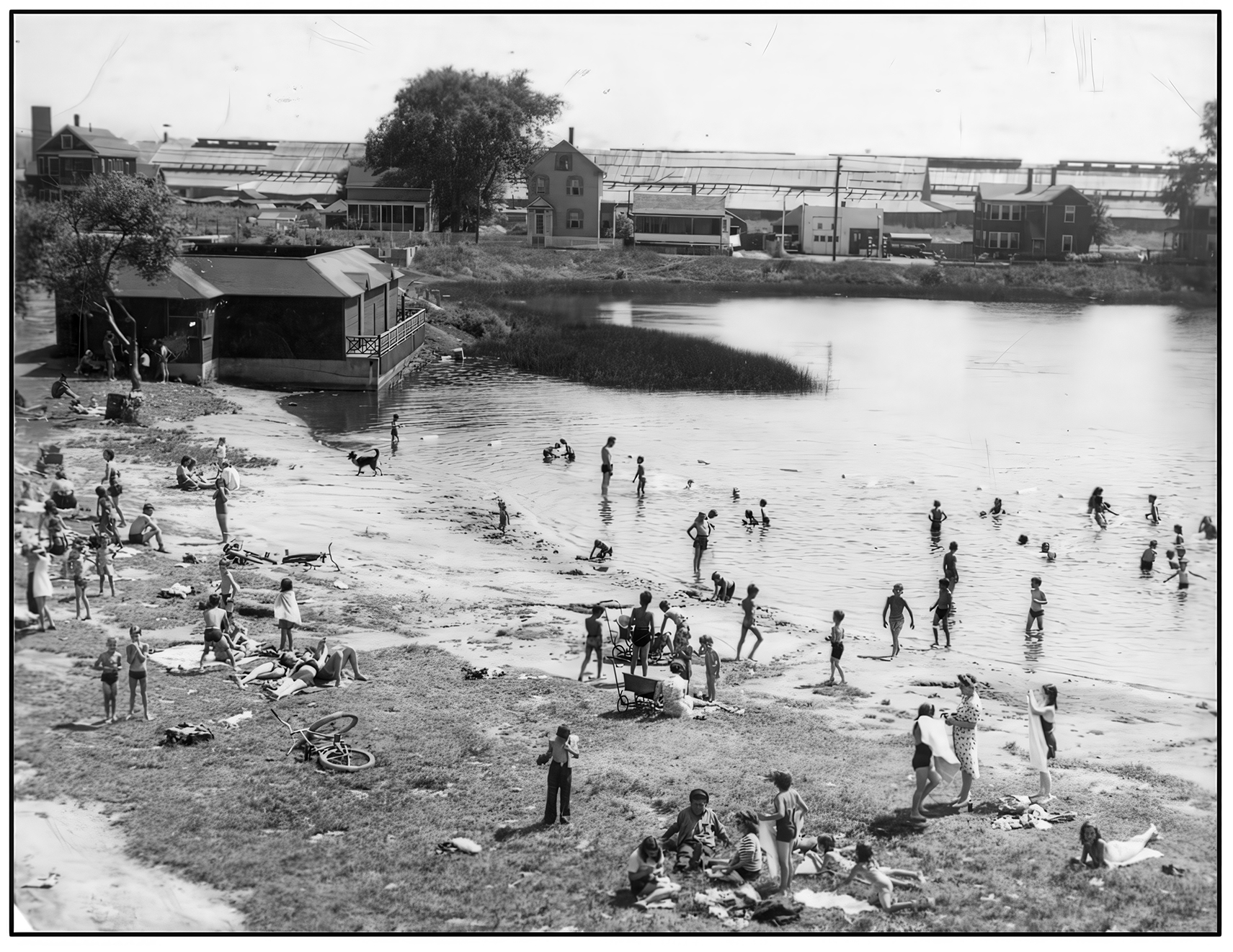 Black-and-white photo of North Cambridge residents swimming and sunbathing at Jerry's Pit around 1946